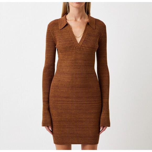 Helmut Lang Marl Brown Ribbed Knit Long Sleeve Polo Dress Women’s Size: XL NWT